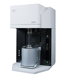 The BELSORP-max-II is a volumetric sorption instrument, which can measure gas sorption isotherms down to the lowest pressures for measurement of nanopores. The instrument in the photograph has four sample tubes which are immerged in a Dewar flask of liquid nitrogen, allowing measurement of Nitrogen physisorption from vacuum up to the condensation temperature.