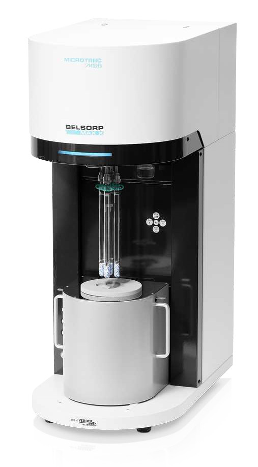 The BELSORP-max-X is a volumetric sorption instrument, which can measure gas sorption isotherms down to the lowest pressures for measurement of nanopores. The instrument in the photograph has four sample tubes which are immerged in a Dewar flask of liquid nitrogen, allowing measurement of Nitrogen physisorption from vacuum up to the condensation temperature.
